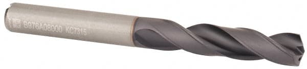 Kennametal - 8mm 140° Spiral Flute Solid Carbide Screw Machine Drill Bit - Multilayer TiAlN Finish, Right Hand Cut, 41mm Flute Length, 79mm OAL, Standard Point, Straight Shank, Through Coolant - Benchmark Tooling