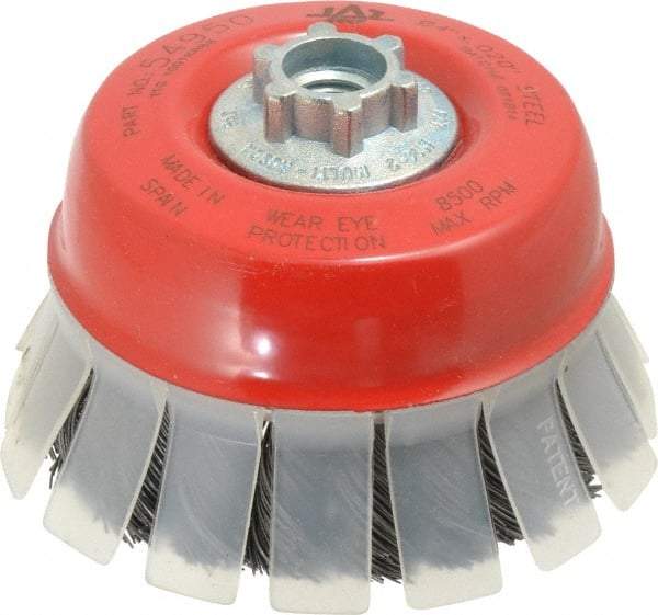 JAZ USA - 4" Diam, 5/8-11 & M14x2.00 Threaded Arbor, Steel Fill Cup Brush - 0.02 Wire Diam, 1-1/8" Trim Length, 8,500 Max RPM - Benchmark Tooling