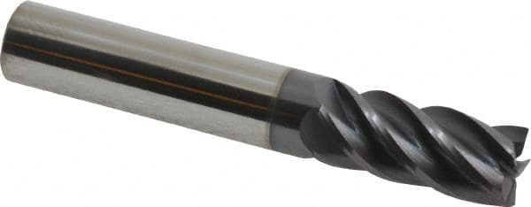 Accupro - 7/16", 1" LOC, 7/16" Shank Diam, 2-3/4" OAL, 5 Flute, Solid Carbide Square End Mill - Single End, AlTiN Finish, Spiral Flute, Variable° Helix, Centercutting, Right Hand Cut, Right Hand Flute - Benchmark Tooling