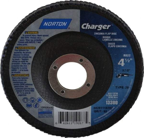 Norton - 80 Grit, 4-1/2" Disc Diam, 7/8" Center Hole, Type 29 Zirconia Alumina Flap Disc - 13,000 Max RPM, Fiberglass Backing, Arbor Attaching System, Coated - Benchmark Tooling