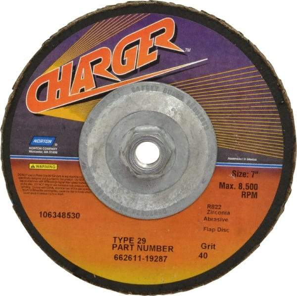 Norton - 40 Grit, 7" Disc Diam, 5/8-11 Center Hole, Type 29 Zirconia Alumina Flap Disc - 8,600 Max RPM, Fiberglass Backing, Coated - Benchmark Tooling