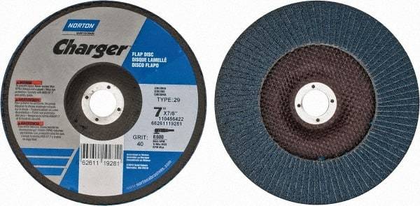 Norton - 40 Grit, 7" Disc Diam, 7/8" Center Hole, Type 29 Zirconia Alumina Flap Disc - 8,600 Max RPM, Fiberglass Backing, Arbor Attaching System, Coated - Benchmark Tooling