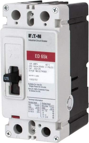Eaton Cutler-Hammer - 125 Amp, 125 VDC, 240 VAC, 2 Pole, Molded Case Circuit Breaker - Thermal Magnetic Trip, 65 kA at 240 VAC Breaking Capacity, 4-4/0 AWG, 3-3/8 Inch Deep x 6 Inch High x 2-3/4 Inch Wide - Benchmark Tooling