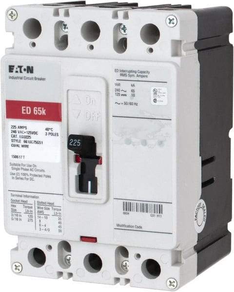 Eaton Cutler-Hammer - 225 Amp, 125 VDC, 240 VAC, 3 Pole, Molded Case Circuit Breaker - Thermal Magnetic Trip, 65 kA at 240 VAC Breaking Capacity, 4-4/0 AWG, 3-3/8 Inch Deep x 6 Inch High x 4-1/8 Inch Wide - Benchmark Tooling