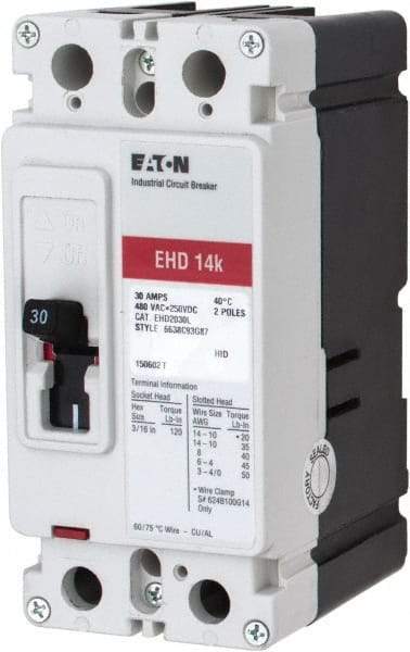 Eaton Cutler-Hammer - 30 Amp, 250 VDC, 480 VAC, 2 Pole, Molded Case Circuit Breaker - Thermal Magnetic Trip, 18 kA at 240 VAC Breaking Capacity, 14-1/0 AWG, 3-3/8 Inch Deep x 6 Inch High x 2-3/4 Inch Wide - Benchmark Tooling