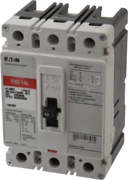 Eaton Cutler-Hammer - 40 Amp, 250 VDC, 480 VAC, 3 Pole, Molded Case Circuit Breaker - Thermal Magnetic Trip, 18 kA at 240 VAC Breaking Capacity, 14-1/0 AWG, 3-3/8 Inch Deep x 6 Inch High x 4-1/8 Inch Wide - Benchmark Tooling