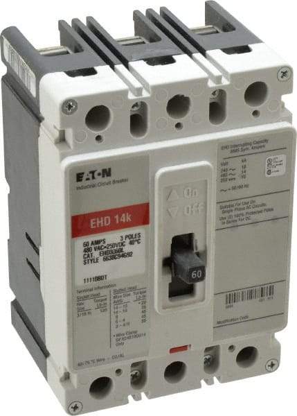 Eaton Cutler-Hammer - 60 Amp, 250 VDC, 480 VAC, 3 Pole, Molded Case Circuit Breaker - Thermal Magnetic Trip, 18 kA at 240 VAC Breaking Capacity, 14-1/0 AWG, 3-3/8 Inch Deep x 6 Inch High x 4-1/8 Inch Wide - Benchmark Tooling