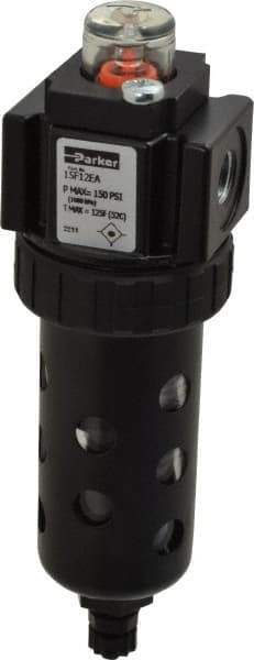 Parker - 1/4" Port, 34 CFM Coalescing Filter - Polycarbonate Bowl, Manual Drain, Modular Connection, 150 Max psi - Benchmark Tooling