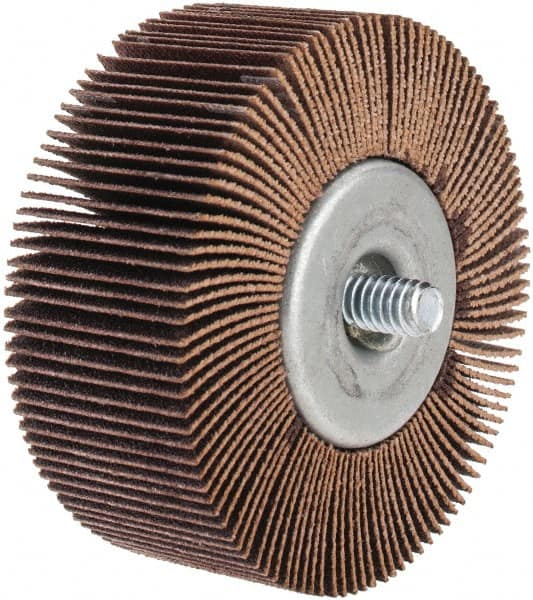 Norton - 2-1/2" Diam x 1" Face Width, Fine Aluminum Oxide Coated Mounted Flap Wheel - 1/4-20 Threaded Mount, 120 Grit, Cloth Backing, 23,000 Max RPM - Benchmark Tooling