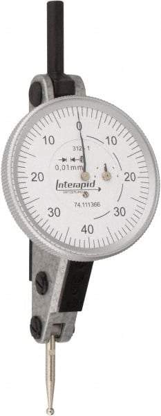 INTERAPID - 1.6 mm Range, 0.01 mm Dial Graduation, Horizontal Dial Test Indicator - 1-1/2 Inch White Dial, 0-40-0 Dial Reading - Benchmark Tooling