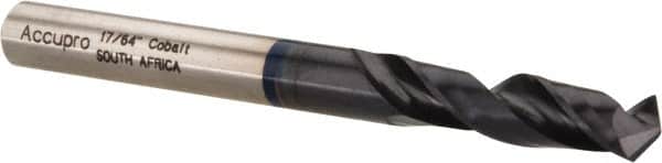 Accupro - 17/64" 120° Spiral Flute Cobalt Screw Machine Drill Bit - TiAlN Finish, Right Hand Cut, 34mm Flute Length, 74mm OAL, Faceted Point, Straight Shank - Benchmark Tooling