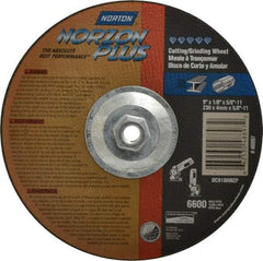 Norton - 9" Wheel Diam, 1/8" Wheel Thickness, Type 27 Depressed Center Wheel - Ceramic, 6,600 Max RPM, Compatible with Angle Grinder - Benchmark Tooling