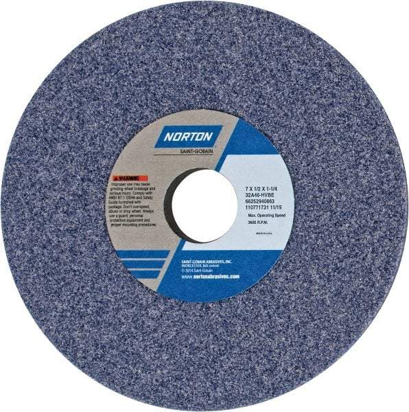 Norton - 7" Diam x 1-1/4" Hole x 1/2" Thick, H Hardness, 46 Grit Surface Grinding Wheel - Aluminum Oxide, Type 1, Coarse Grade, 3,600 Max RPM, Vitrified Bond, No Recess - Benchmark Tooling
