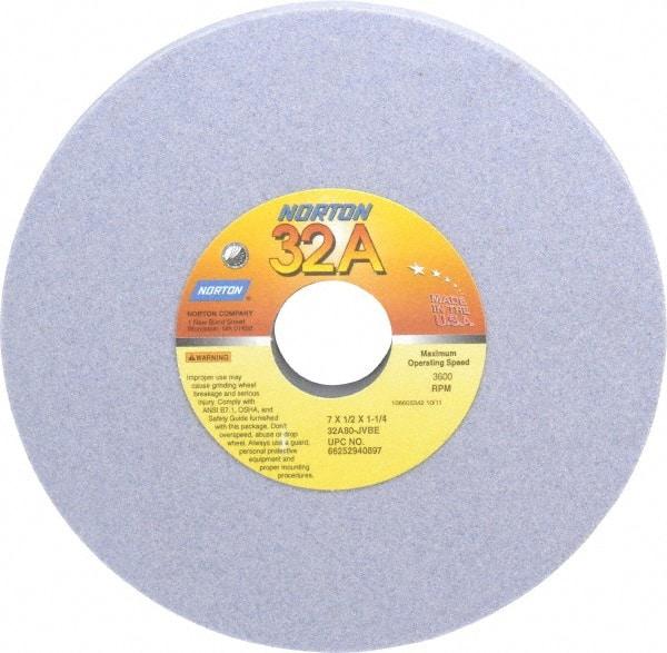 Norton - 7" Diam x 1-1/4" Hole x 1/2" Thick, J Hardness, 80 Grit Surface Grinding Wheel - Aluminum Oxide, Type 1, Medium Grade, 3,600 Max RPM, Vitrified Bond, No Recess - Benchmark Tooling
