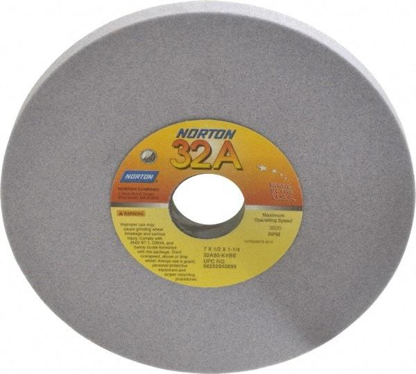 Norton - 7" Diam x 1-1/4" Hole x 1/2" Thick, K Hardness, 80 Grit Surface Grinding Wheel - Aluminum Oxide, Type 1, Medium Grade, 3,600 Max RPM, Vitrified Bond, No Recess - Benchmark Tooling