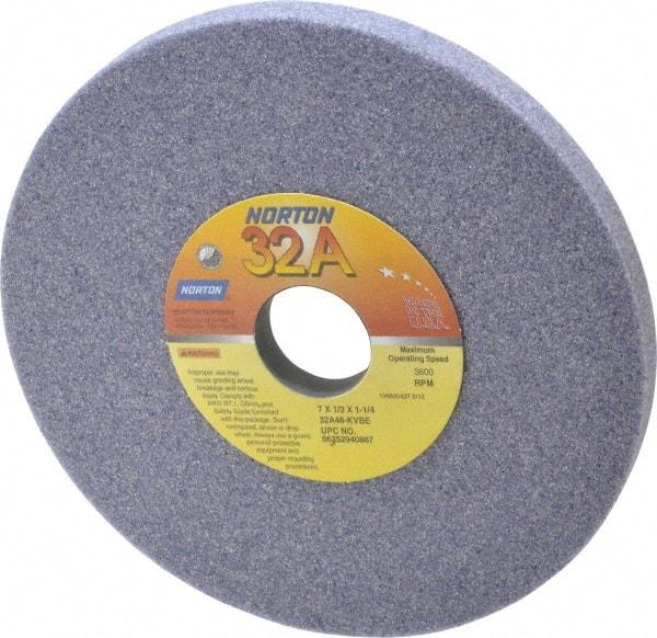 Norton - 7" Diam x 1-1/4" Hole x 1/2" Thick, K Hardness, 46 Grit Surface Grinding Wheel - Aluminum Oxide, Type 1, Coarse Grade, 3,600 Max RPM, Vitrified Bond, No Recess - Benchmark Tooling