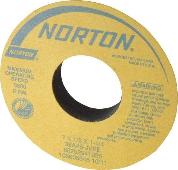 Norton - 7" Diam x 1-1/4" Hole x 1/2" Thick, J Hardness, 46 Grit Surface Grinding Wheel - Aluminum Oxide, Type 1, Coarse Grade, 3,600 Max RPM, Vitrified Bond, No Recess - Benchmark Tooling