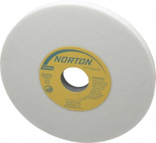 Norton - 7" Diam x 1-1/4" Hole x 1/2" Thick, K Hardness, 60 Grit Surface Grinding Wheel - Aluminum Oxide, Type 1, Medium Grade, 3,600 Max RPM, Vitrified Bond, No Recess - Benchmark Tooling