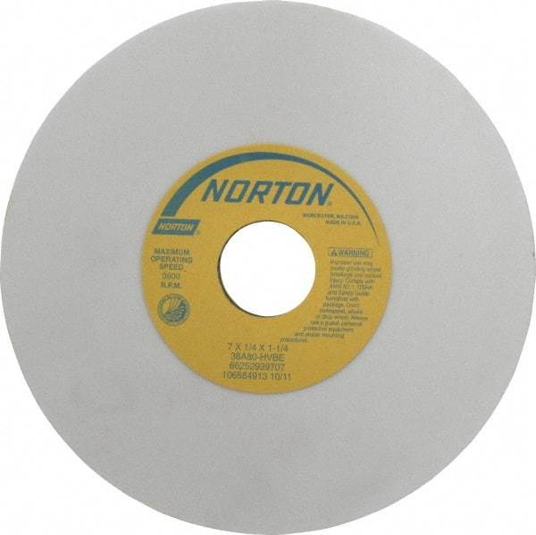 Norton - 7" Diam x 1-1/4" Hole x 1/4" Thick, H Hardness, 80 Grit Surface Grinding Wheel - Aluminum Oxide, Type 1, Medium Grade, 3,600 Max RPM, Vitrified Bond, No Recess - Benchmark Tooling