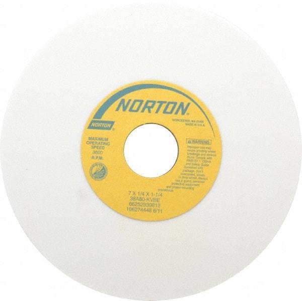 Norton - 7" Diam x 1-1/4" Hole x 1/4" Thick, K Hardness, 80 Grit Surface Grinding Wheel - Aluminum Oxide, Type 1, Medium Grade, 3,600 Max RPM, Vitrified Bond, No Recess - Benchmark Tooling