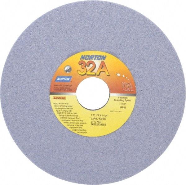 Norton - 7" Diam x 1-1/4" Hole x 1/4" Thick, K Hardness, 60 Grit Surface Grinding Wheel - Aluminum Oxide, Type 1, Medium Grade, 3,600 Max RPM, Vitrified Bond, No Recess - Benchmark Tooling