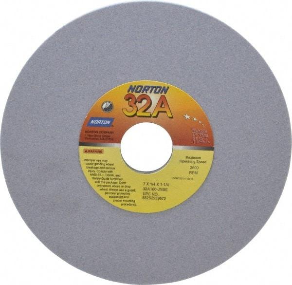 Norton - 7" Diam x 1-1/4" Hole x 1/4" Thick, J Hardness, 100 Grit Surface Grinding Wheel - Aluminum Oxide, Type 1, Fine Grade, 3,600 Max RPM, Vitrified Bond, No Recess - Benchmark Tooling