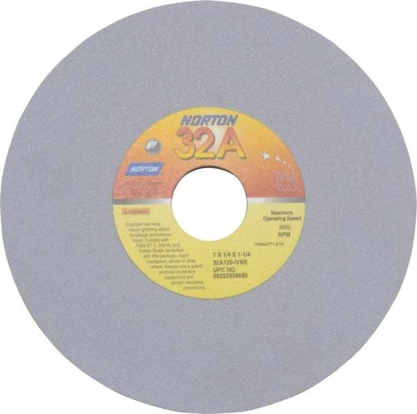 Norton - 7" Diam x 1-1/4" Hole x 1/4" Thick, I Hardness, 120 Grit Surface Grinding Wheel - Aluminum Oxide, Type 1, Fine Grade, 3,600 Max RPM, Vitrified Bond, No Recess - Benchmark Tooling