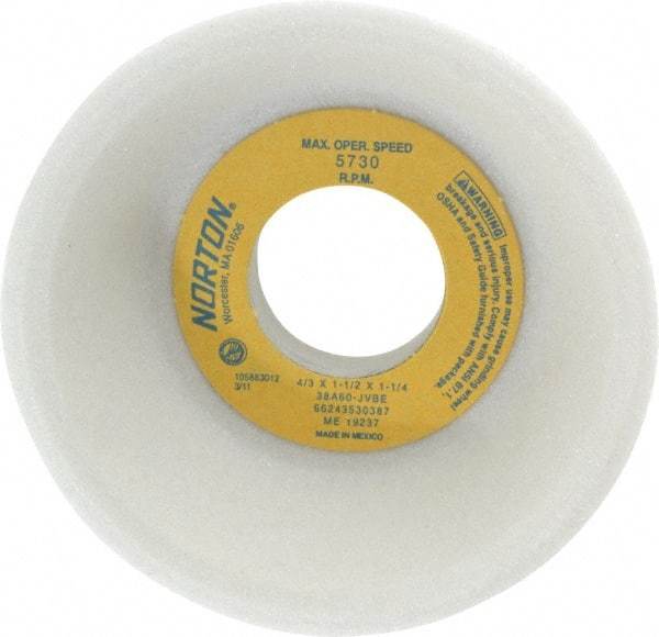 Norton - 4" Diam, 1-1/4" Hole Size, 1-1/2" Overall Thickness, 60 Grit, Type 11 Tool & Cutter Grinding Wheel - Medium Grade, Aluminum Oxide, J Hardness, Vitrified Bond, 5,730 RPM - Benchmark Tooling