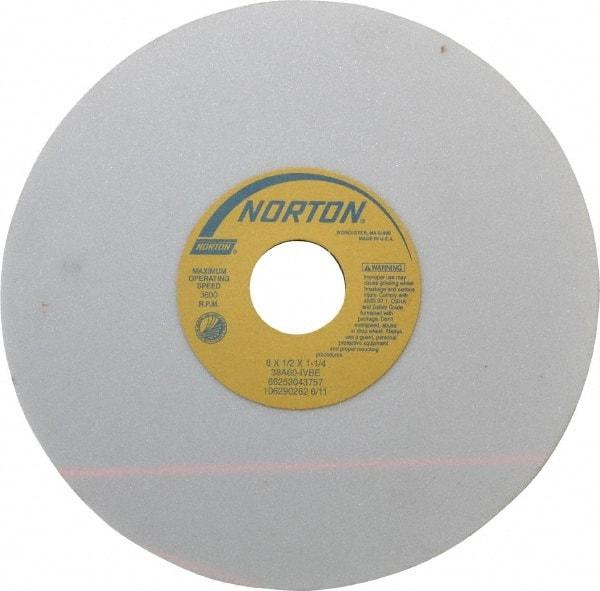 Norton - 8" Diam x 1-1/4" Hole x 1/2" Thick, I Hardness, 60 Grit Surface Grinding Wheel - Aluminum Oxide, Type 1, Medium Grade, 3,600 Max RPM, Vitrified Bond, No Recess - Benchmark Tooling