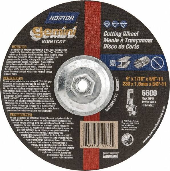 Norton - 9" Wheel Diam, 1/16" Wheel Thickness, Type 27 Depressed Center Wheel - Aluminum Oxide, 6,600 Max RPM, Compatible with Angle Grinder - Benchmark Tooling