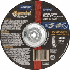 Norton - 9" Wheel Diam, 1/16" Wheel Thickness, Type 27 Depressed Center Wheel - Aluminum Oxide, 6,600 Max RPM, Compatible with Angle Grinder - Benchmark Tooling