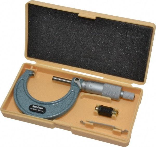 Mitutoyo - 25 to 50mm Range, 0.01mm Graduation, Mechanical Outside Micrometer - Ratchet Stop Thimble, Accurate to 0.0001" - Benchmark Tooling