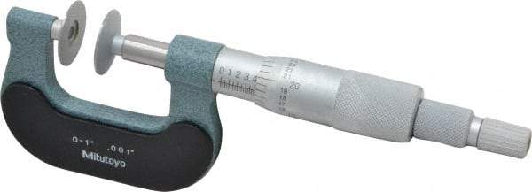 Mitutoyo - 0 to 1 Inch, 0.001 Inch Graduation, Ratchet Stop Thimble, Mechanical Disc Micrometer - 0.0002 Inch Accuracy, 0.7874 Inch Disc, 8mm Spindle, 0.0001 Inch Resolution - Benchmark Tooling
