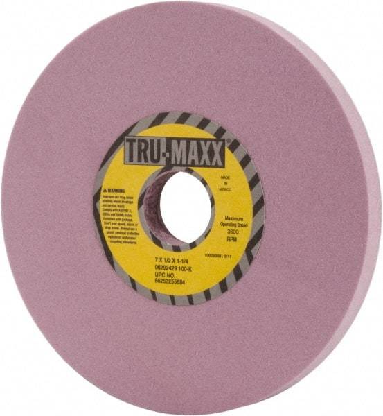 Tru-Maxx - 7" Diam x 1-1/4" Hole x 1/2" Thick, K Hardness, 100 Grit Surface Grinding Wheel - Aluminum Oxide, Type 1, Fine Grade, 3,600 Max RPM, Vitrified Bond, No Recess - Benchmark Tooling