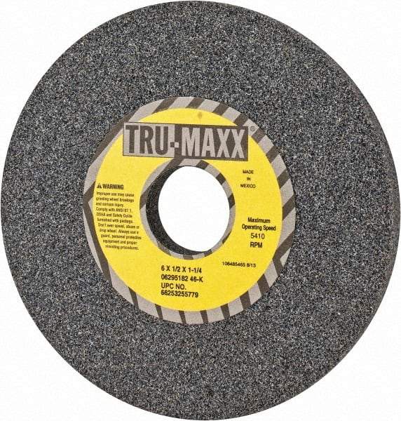 Tru-Maxx - 6" Diam x 1-1/4" Hole x 1/2" Thick, K Hardness, 46 Grit Surface Grinding Wheel - Aluminum Oxide, Type 1, Coarse Grade, 5,410 Max RPM, Vitrified Bond, No Recess - Benchmark Tooling