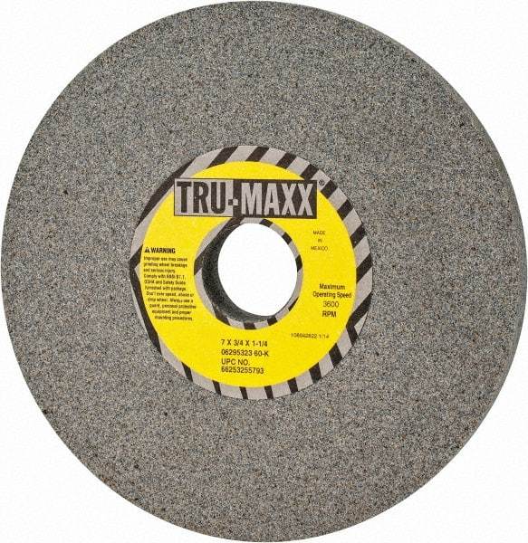 Tru-Maxx - 7" Diam x 1-1/4" Hole x 3/4" Thick, K Hardness, 60 Grit Surface Grinding Wheel - Aluminum Oxide, Type 1, Medium Grade, 3,600 Max RPM, Vitrified Bond, No Recess - Benchmark Tooling