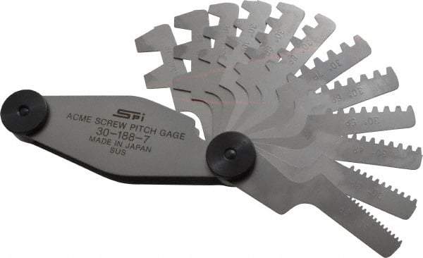 SPI - 12 Leaf, 2 to 20mm Pitch Range, Stainless Steel Screw Pitch Gage - 30° Thread Angle - Benchmark Tooling