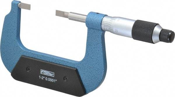 Fowler - 1" to 2" Mechanical Baked Enamel (Frame) & Satin Chrome (Graduations) Coated Blade Micrometer - 0.0001" Graduation, 0.03" Blade Thickness, Ratchet Stop Thimble - Benchmark Tooling