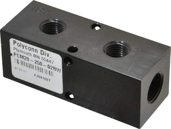 Made in USA - 3/8" Inlet, 1/4" Outlet Manifold - 3-1/4" Long x 1-1/4" Wide x 1-1/4" High, 0.2" Mount Hole, 2 Inlet Ports, 2 Outlet Ports - Benchmark Tooling