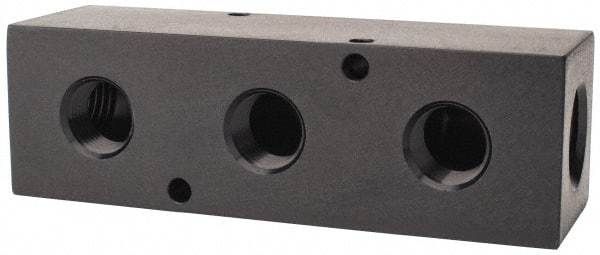 Made in USA - 1/2" Inlet, 3/8" Outlet Manifold - 4-3/4" Long x 1-1/2" Wide x 1-1/2" High, 0.2" Mount Hole, 2 Inlet Ports, 3 Outlet Ports - Benchmark Tooling