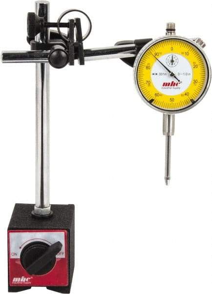 Value Collection - 0.001" Graduation, 0-100 Dial Reading, Indicator & Base Kit - 63mm Base Length x 50mm Base Width x 55mm Base Height, 2-9/32" Dial Diam - Benchmark Tooling
