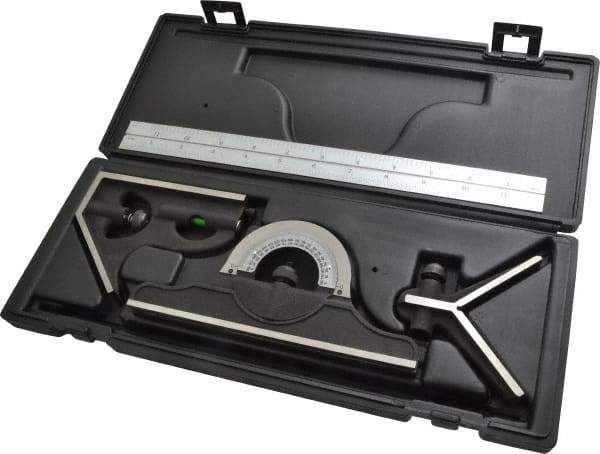 TESA Brown & Sharpe - 4 Piece, 12" Combination Square Set - 1/16, 1/32, 1/64 & 1/8" (4R) Graduation, Hardened Steel Blade, Hardened Steel Center, Protractor & Square Head - Benchmark Tooling