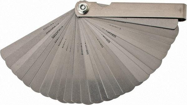 Value Collection - 26 Piece, 0.0015 to 0.025" Thick, Feeler Gage Set - 3" Leaf Length, 1/2" Wide, Tempered Steel - Benchmark Tooling