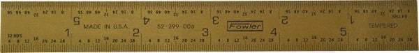 Fowler - 6" Long, 1/64, 1/32" and 0.5, 1mm Graduation, Rigid Steel Rule - English/Metric Graduation Style, 1/2" Wide, Yellow, Titanium Finish - Benchmark Tooling