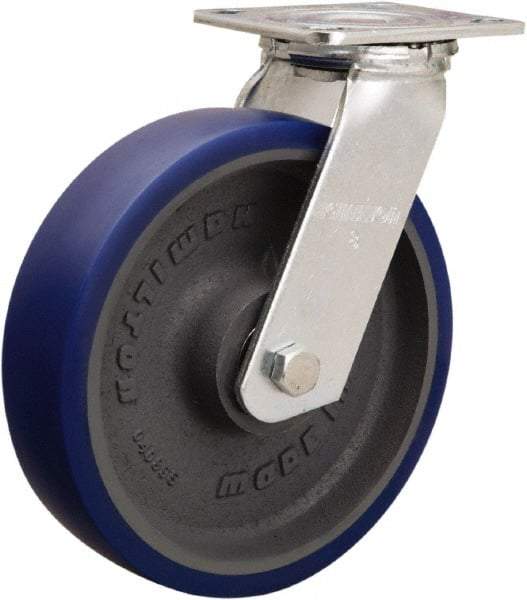 Hamilton - 8" Diam x 2" Wide x 9-1/2" OAH Top Plate Mount Swivel Caster - Polyurethane Mold onto Cast Iron Center, 900 Lb Capacity, Sealed Precision Ball Bearing, 4 x 4-1/2" Plate - Benchmark Tooling
