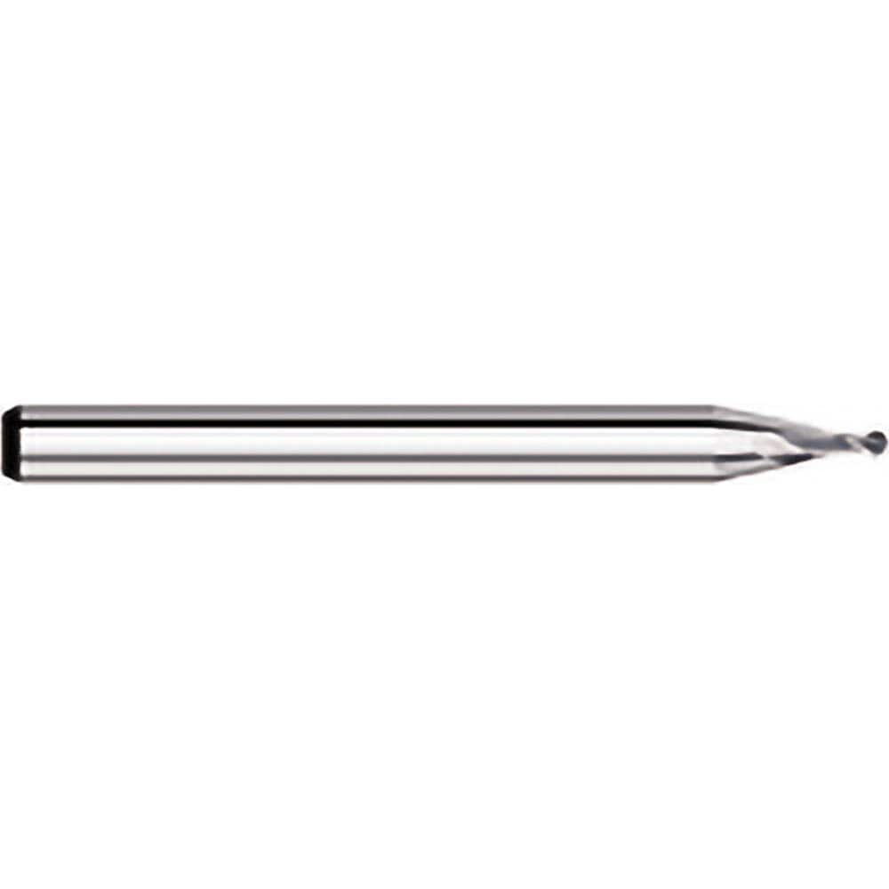 Ball End Mill: 0.09″ Dia, 0.135″ LOC, 2 Flute, Solid Carbide 1-1/2″ OAL, 1/8″ Shank Dia, 30 ° Helix, Uncoated, Single End