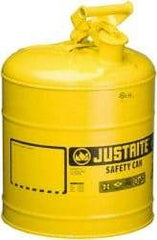 Justrite - 5 Gal Galvanized Steel Self-Closing, Self-Venting, Full-Length Flame Arrester - 16-7/8" High x 11-3/4" Diam, Yellow - Benchmark Tooling