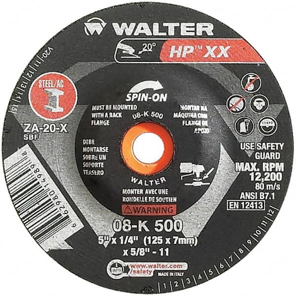 WALTER Surface Technologies - 20 Grit, 5" Wheel Diam, 1/4" Wheel Thickness, Type 27 Depressed Center Wheel - Aluminum Oxide, Resinoid Bond, 12,200 Max RPM - Benchmark Tooling