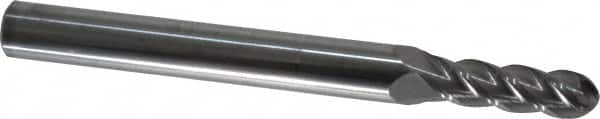 Accupro - 13/64" Diam, 5/8" LOC, 4 Flute Solid Carbide Ball End Mill - Uncoated, Single End, 2-1/2" OAL, 1/4" Shank Diam, Spiral Flute - Benchmark Tooling