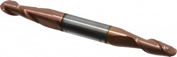 Accupro - 13/64" Diam, 1/2" LOC, 2 Flute Solid Carbide Ball End Mill - TiCN Finish, Double End, 2-1/2" OAL, 1/4" Shank Diam, Spiral Flute - Benchmark Tooling